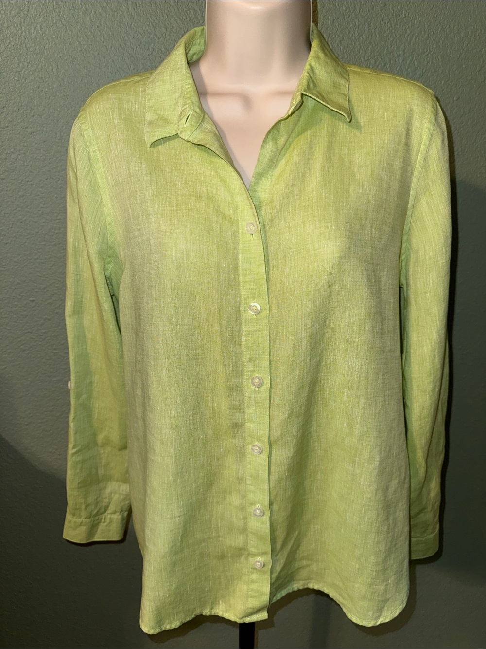 Chico's Kiwi Green Button-Down Linen Shirt